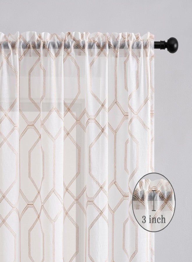 SEEKRIGHT Beige and White Geometry Sheer Curtains 96 Inches Long 2 Panels for Living Room Office Embroidered Geometric Hexagon Curtains Light Filtering Rod Pocket Neutral Moroccan Tile Lattice Drapes, 50x96 - Image 2